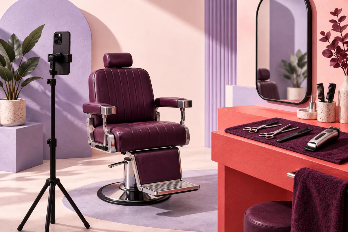 A barber chair, filming phone, mirror, scissors and clippers.