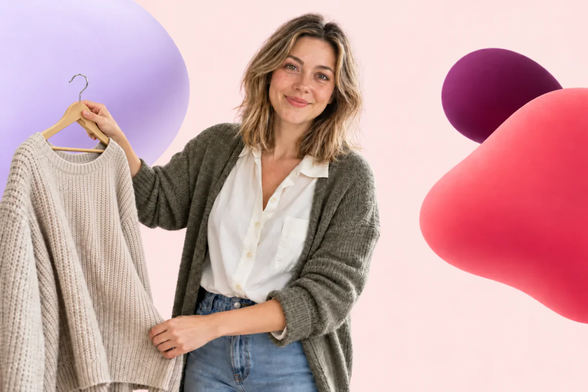 Maya Ellis holding a knitted top.