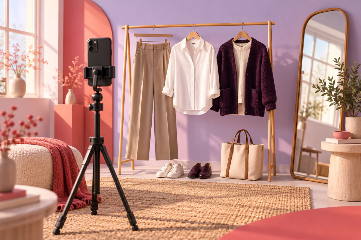 A phone on a tripod filming everyday outfits beside a mirror.